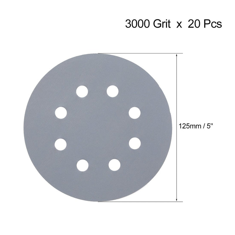  [AUSTRALIA] - uxcell 20Pcs 5 Inch 8 Hole Hook and Loop Sanding Disc 3000 Grit Flocking Sandpaper Random Orbital Sander Paper