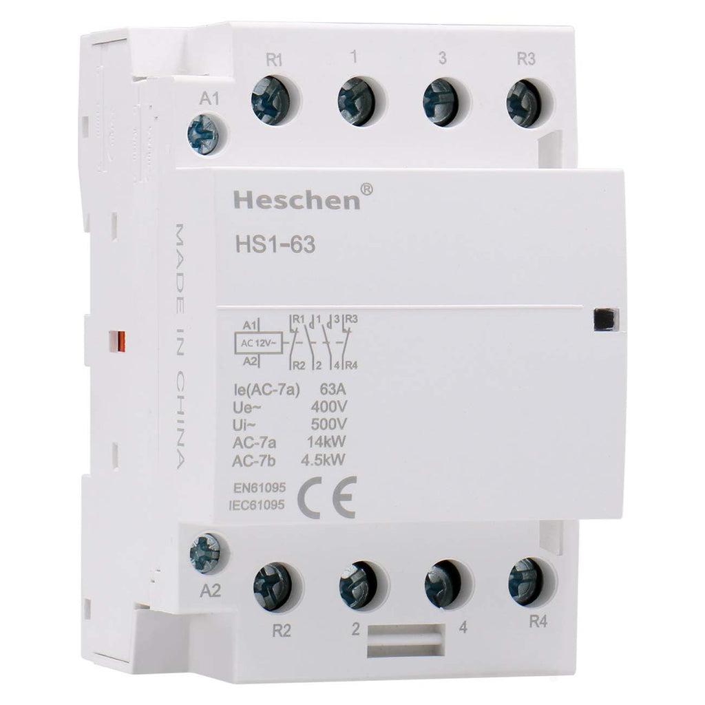  [AUSTRALIA] - Heschen Household AC Contactor, HS1-63, Ie 63A, 4 Pin 2NO 2NC, AC 12V Coil Voltage, 35mm DIN Rail Mounting