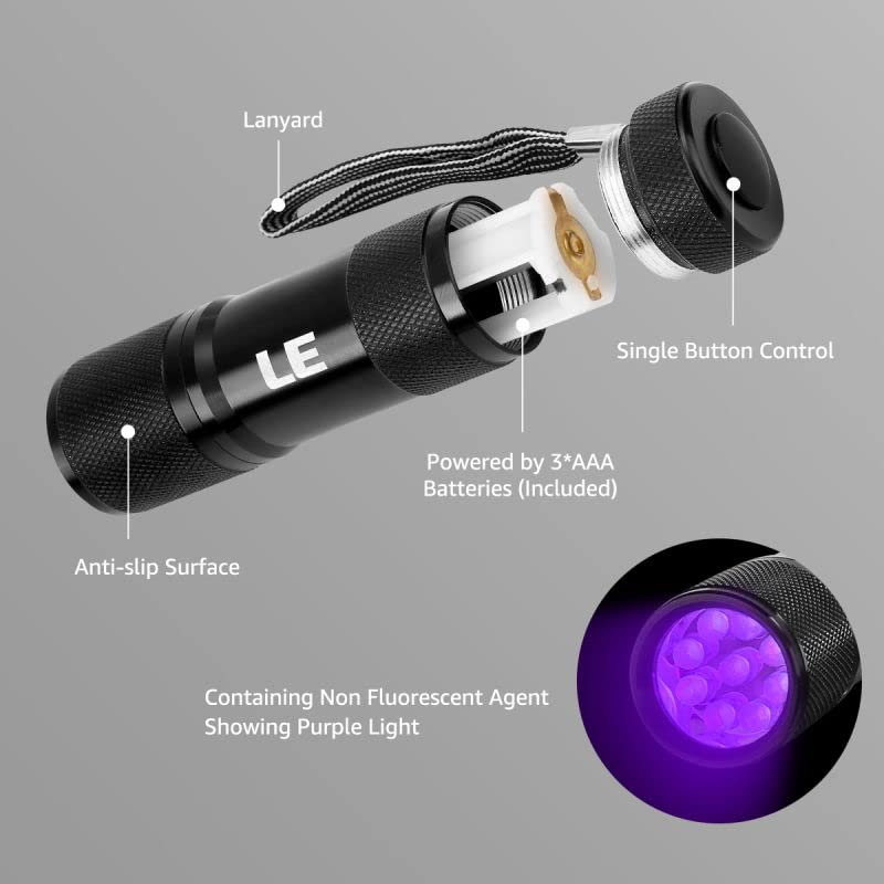  [AUSTRALIA] - LE Black Light Flashlight, Small UV Lights 395nm, Portable Ultraviolet Light Detector for Invisible Ink Pens, Dog Cat Pet Urine Stain, AAA Batteries Included 1
