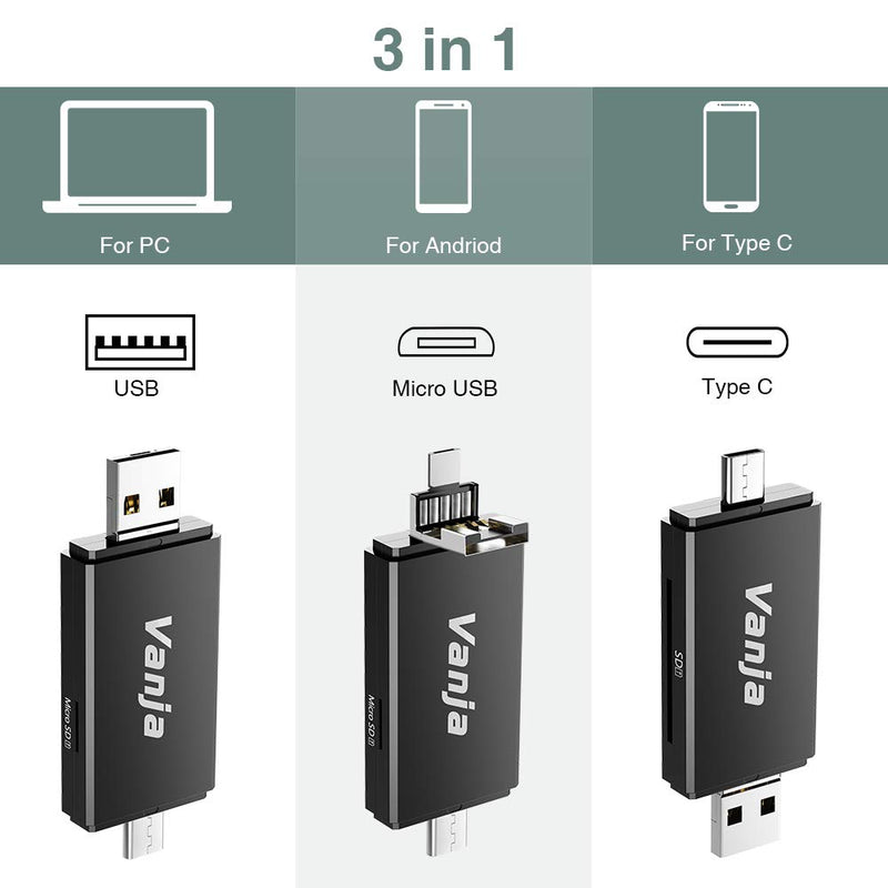  [AUSTRALIA] - SD Card Reader, Vanja 3 in 1 Micro USB Type C Portable Memory Card Reader for SD-3C TF Cards Adapter with OTG Function for PC & Laptop & Smart Phones & Tablets USB C