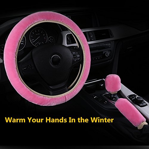  [AUSTRALIA] - I-Joy Fluffy Steering Wheel Cover Set Pink for Women Fuzzy Winter Warm Wrap Universal Fits Car Auto Truck Jeep 14-15 inches with Handbrake Cover Gear Shift Cover