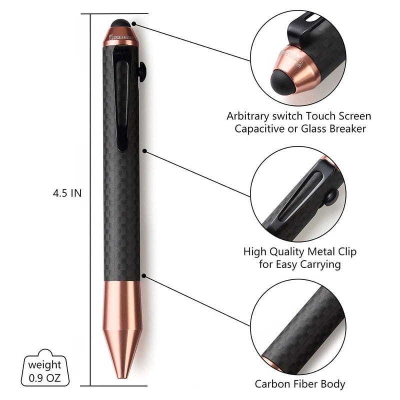 Cool Hand 4.5'' Bazooka Style Bolt Action Pen with Stylus for Touchscreen, Carbon Fiber Body, Pocket Clip, Assorted Colors Rose gold - LeoForward Australia