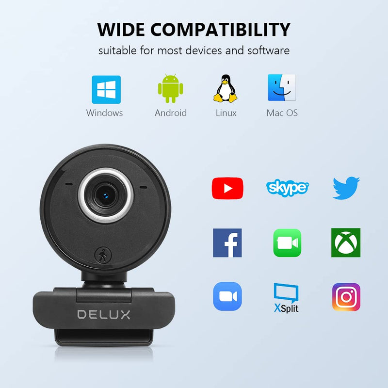  [AUSTRALIA] - DELUX 1080P HD Webcam with Remote Control, AI Auto Tracking Computer Camera with Built-in Dual Microphone, Plug and Play for Zoom, YouTube, Skype, Video Conferencing, Streaming(DC07-Black) Black