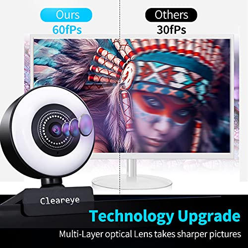  [AUSTRALIA] - 1080P 60FPS Streaming Webcam with Ring Light, Fast AutoFocus, 2021 Cleareye USB 1080P Web Camera, Dual Stereo Microphone, for Zoom Meeting Skype Teams Black