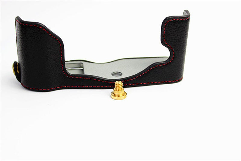  [AUSTRALIA] - PEN-F Case, BolinUS Handmade Genuine Real Leather Half Camera Case Bag Cover for Olympus PEN-F Bottom Opening Version + Hand Strap - Black