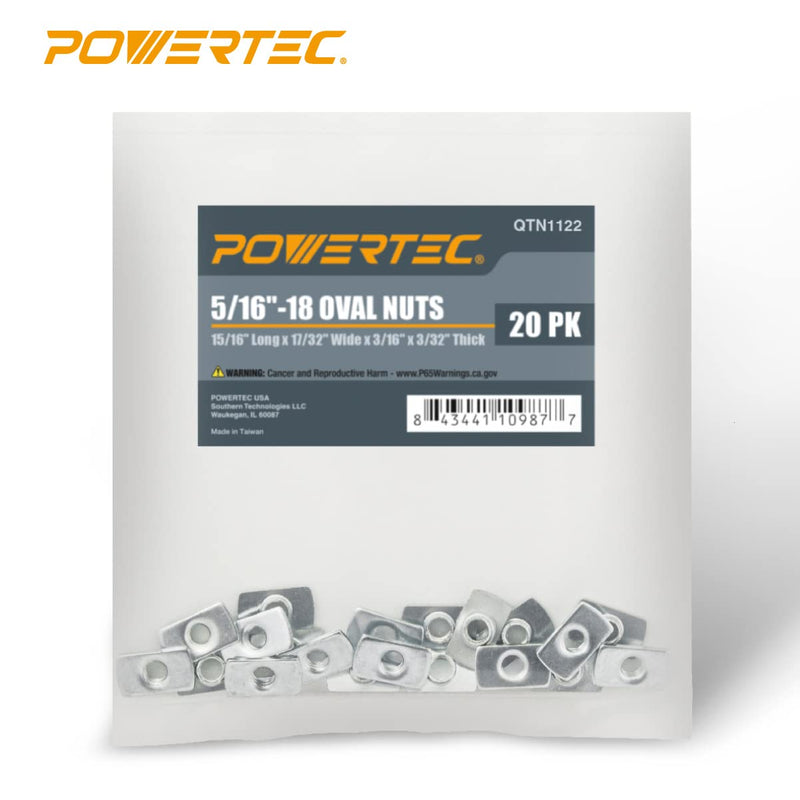  [AUSTRALIA] - POWERTEC QTN1122 5/16"-18 Oval Nuts, 15/16" Long x 17/32" Wide x 3/16" x 3/32" Thick – 20 Pack