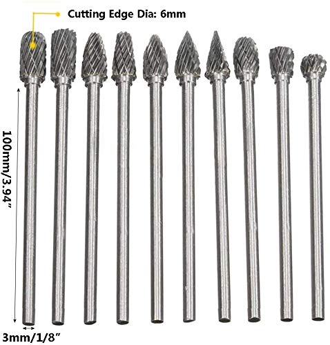 Bestgle 10pcs 3 mm (1/8 Inch) Shank Tungsten Carbide Double Cut Rotary Burr Die Grinder Bits Rotary Files Carving Grinding Bit Fits for Dremel Rotary Tool Long Shank 100mm - LeoForward Australia