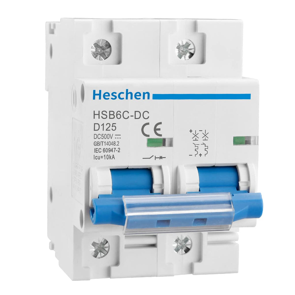  [AUSTRALIA] - Heschen DC Miniature Circuit Breaker HSB6C-DC 2 Pin DC500V 125A Photovoltaic Circuit Breaker for Solar PV System Solar Cell Grid System 35mm DIN Rail Mounting