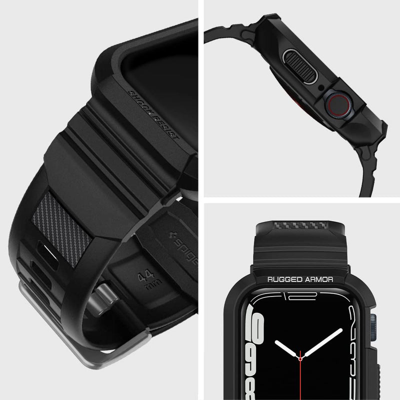  [AUSTRALIA] - Spigen Rugged Armor Pro Compatible with Apple Watch Band with Case for Series 7 (45mm) and Series 6/SE/5/4 (44mm) - Black
