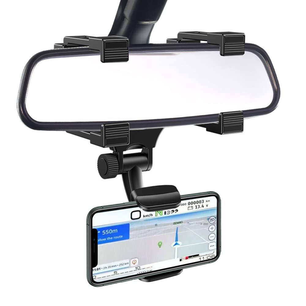  [AUSTRALIA] - VAGURFO Rear View Mirror Phone Holder Mount, Car Phone Mount- Phone Bracket, Phone Stand with 270° Swivel and Adjustable Clips, Universal Smartphone Cradle, Black