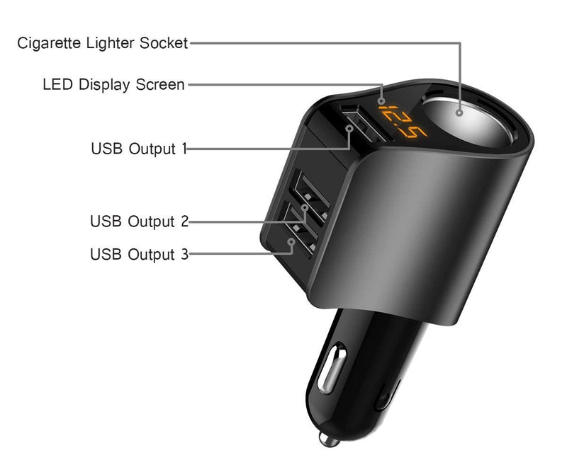  [AUSTRALIA] - LIHAN Car Charger with Voltage Meter, Socket Splitter, 3 USB Ports, Cigarette Lighter,Compatible with iPad, iPhone, Airpods, Apple Watch,Samsung, HTC, LG, Android Phone (Black) Black