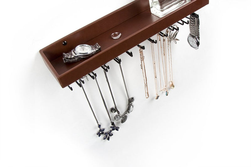  [AUSTRALIA] - JACKCUBE DESIGN Hanging Jewelry Organizer with 23 Hooks, Wall Mounted Necklace Bracelet Earring Holder Hanger with Shelf (Brown, 14.37 x 2.95 x 3.86 inches) - MK208B Type2 (Brown)