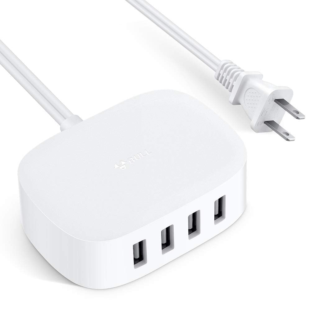  [AUSTRALIA] - USB Charger Station, BULL USB Charging Station with 4 Port, Desktop USB Charging Station for Multiple Devices with Auto-Detecting USB Ports (UL Listed, 6Ft Extension Cord, White)