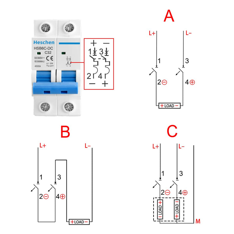  [AUSTRALIA] - Heschen DC Miniature Circuit Breaker HSB6C-DC 2 Pin DC500V 125A Photovoltaic Circuit Breaker for Solar PV System Solar Cell Grid System 35mm DIN Rail Mounting