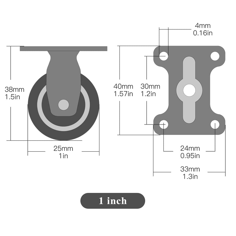 [AUSTRALIA] - 1 inch Flat-Bottomed casters, Non-Rotating and noiseless casters, Rubber Floor Protection, Suitable for Furniture, trolleys (Pack of 4) 1inch fixed steering