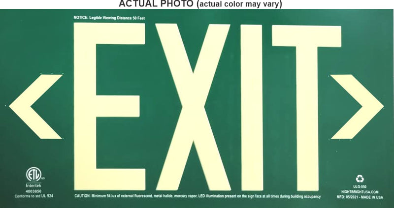 [AUSTRALIA] - Photoluminescent Exit Sign Green - Aluminum Code Approved UL 924 / IBC / NFPA 101 | NightBright USA Part Number ULG-050