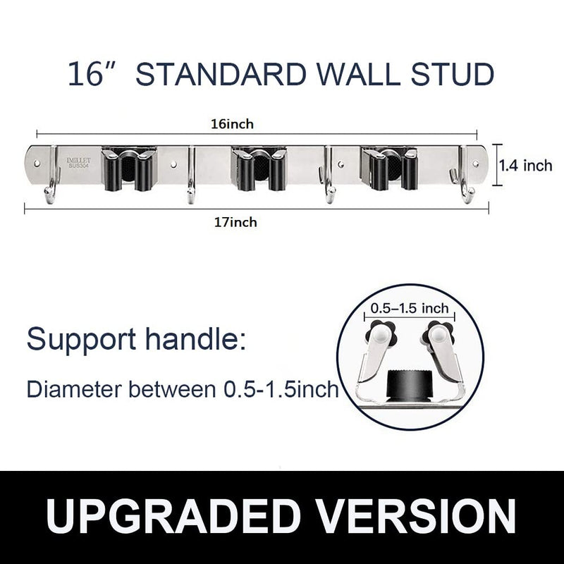  [AUSTRALIA] - IMILLET Broom and Mop Holder Wall Mounted, Stainless Steel Broom Holder Mop Holder Self Adhesive Heavy Duty Hooks Storage Organizer for Home Laundry Room Garden Garage（3 Racks with 4 Hooks） 1 Pack 3 Racks with 4 Hooks