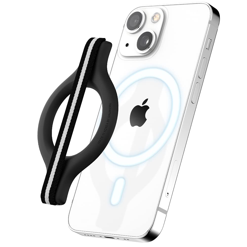  [AUSTRALIA] - Sinjimoru Magnetic Wool-Band Phone Grip Holder for Apple MagSafe Case, Detachable Phone Grip Strap Holder for MagSafe Compatible with iPhone 12 Pro & iPhone 13/14 Series. M-Mini Grip Black White