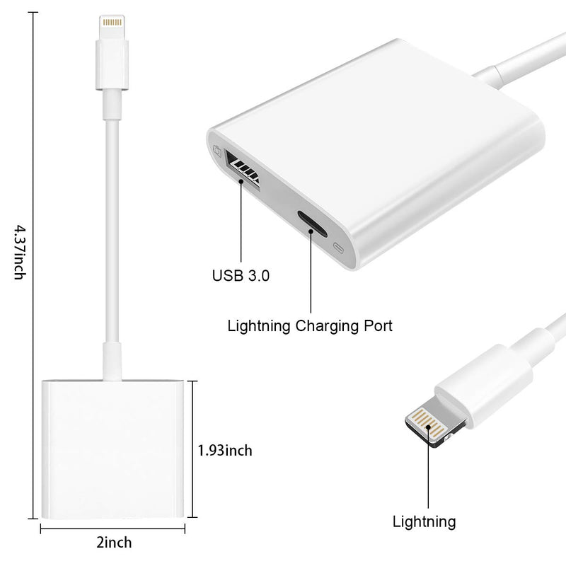 Lightning to USB3 Camera Adapter with Charging Port, Lightning Female USB OTG Cable Adapter for Select iPhone,iPad Models Support Connect Camera, Card Reader, USB Flash Drive, MIDI Keyboard (White) - LeoForward Australia