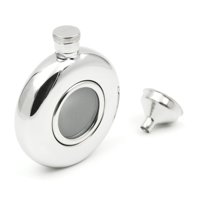  [AUSTRALIA] - iSavage 5oz Classic Round Mirror Finished Hip Flask with Transparent Glass Window, with a Funnel 18/8 Stainless Steel-YM122