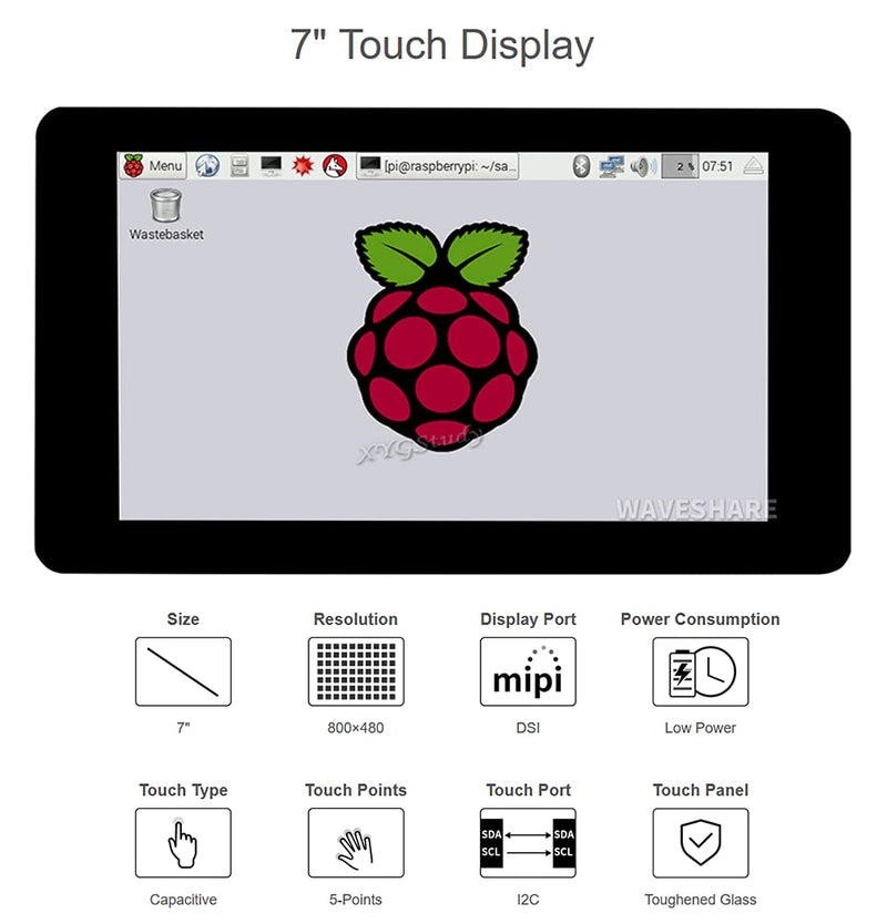  [AUSTRALIA] - 7 inch Raspberry Pi DSI LCD Capacitive Touch Display Screen 800×480 7inch DSI Interface for Raspberry Pi 4 3 2 Model B B+ A+ Raspbian Retropie Ubuntu Driver Free and CM4/3+/ 3 @XYGStudy 7inch DSI LCD