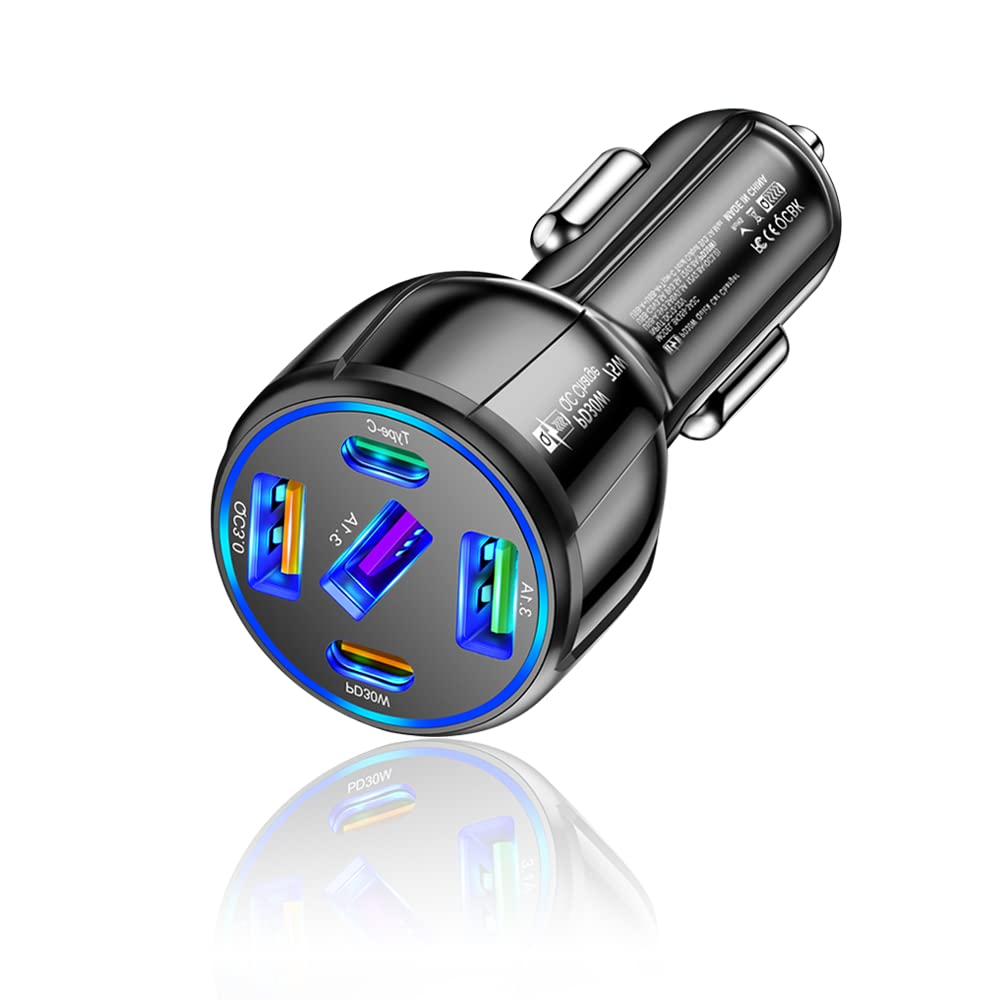  [AUSTRALIA] - 75W Ultra-Fast Car Charger, 30W/QC3.0/Type C 5-Port Smart Shunt 12 Volt Car Adapter Cigarette Lighter USB Charger Compatible with iPhone 14 Pro MAX/13,MacBook Pro,iPad Pro (3USB+2PDBlack) 3USB+2PDBlack