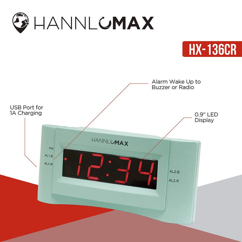 HANNLOMAX HX-136CR Alarm Clock Radio, PLL FM Radio, Dual Alarm. 0.9 inches Red LED Display, USB Port for 1A Charging (Green) - LeoForward Australia