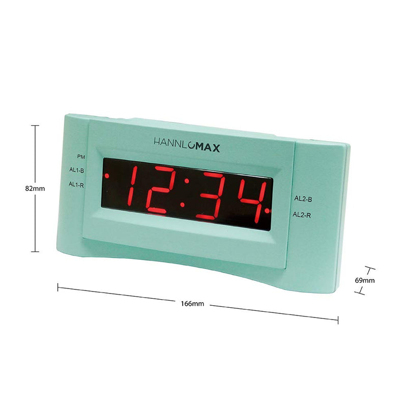 HANNLOMAX HX-136CR Alarm Clock Radio, PLL FM Radio, Dual Alarm. 0.9 inches Red LED Display, USB Port for 1A Charging (Green) - LeoForward Australia