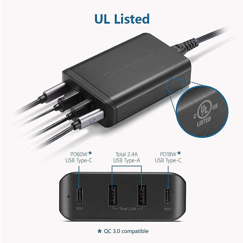  [AUSTRALIA] - 90W 4 Port USB-C Charger, PEPPER JOBS Multiport PD Charger Desktop Fast Power Charging Station with 2 USB-C Ports (60W+18W) and 2 USB-A Ports (12W) for Notebook/MacBook/iPad/iPhone/Samsung/Switch