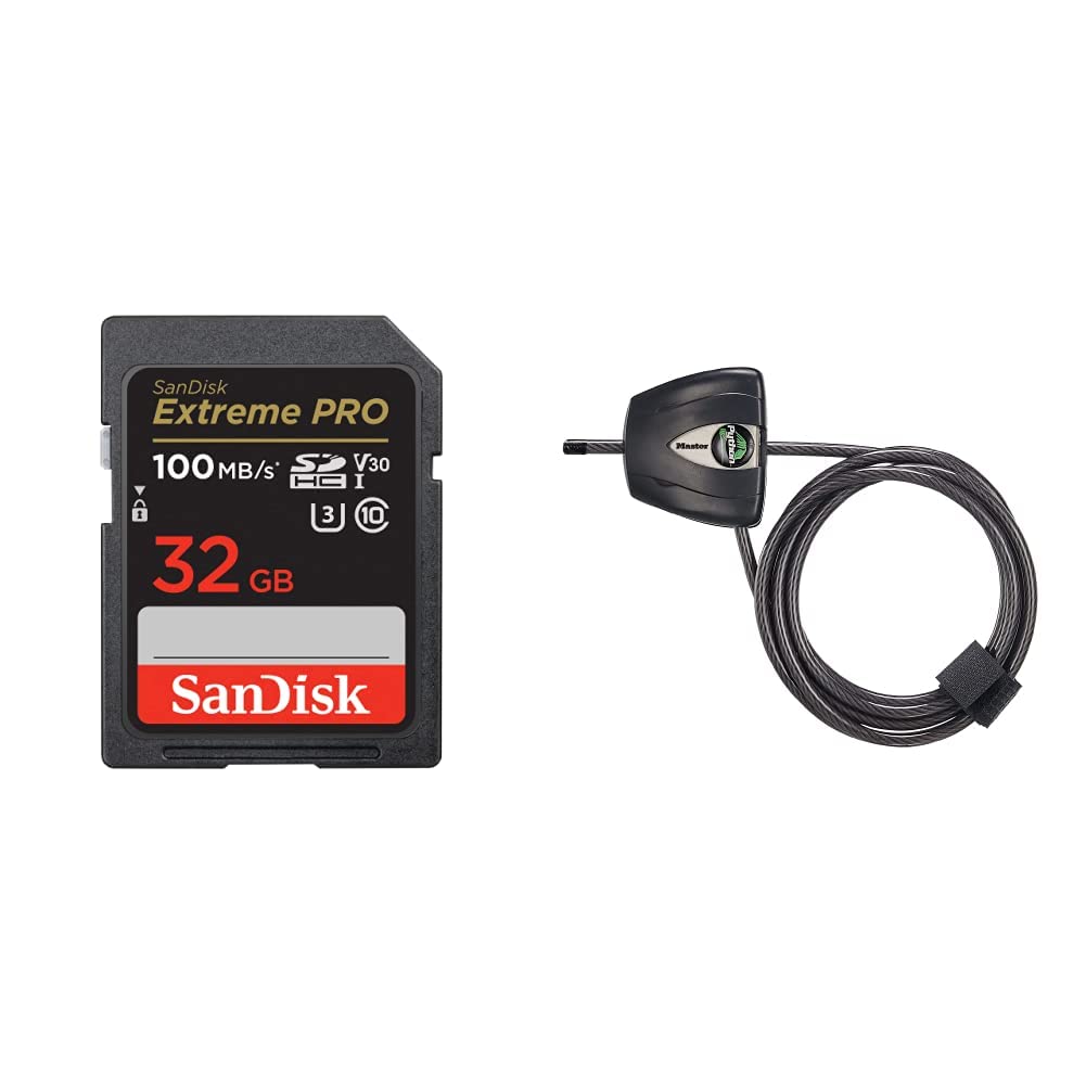  [AUSTRALIA] - SanDisk 32GB Extreme PRO SDHC UHS-I Memory Card - C10, U3, V30, 4K UHD, SD Card - SDSDXXO-032G-GN4IN & Master Lock Python Cable Lock, Cable Lock with Keys, Trail Camera and Kayak Locking Cable, 8417D