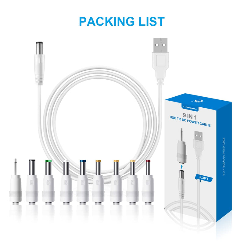  [AUSTRALIA] - LANMU USB to DC Power Cable,Universal 5V DC Jack Charging Cable Power Cord with 9 Interchangeable Plugs Connectors Adapter Compatible with Massage Wand,Router,Speaker and More Devices White