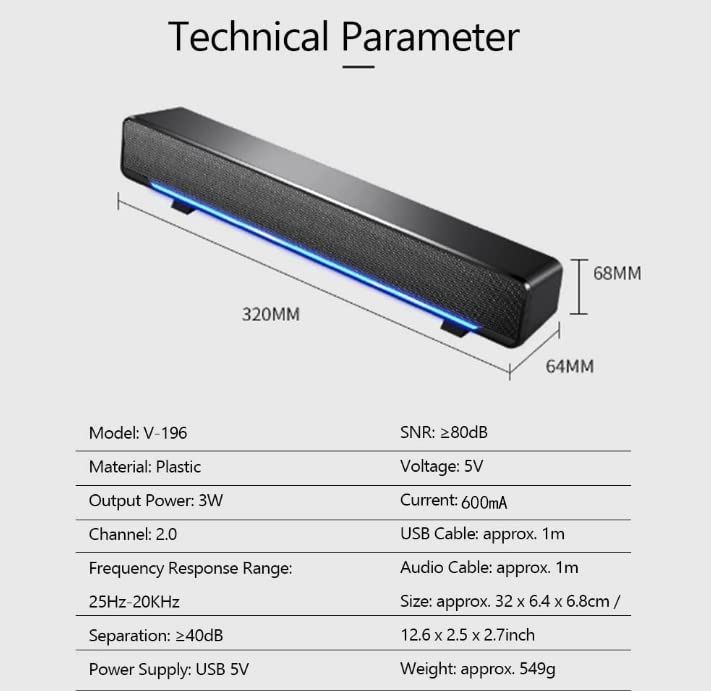  [AUSTRALIA] - USB Wired Stereo Soundbar Music Player,Portable Bass Surround Sound Box,3.5mm Input Soundbar with 3D Stereo Sound and LED Breathing Light for Desktop/Laptop/Smartphone/Tablet PC/MP3/MP4 Black