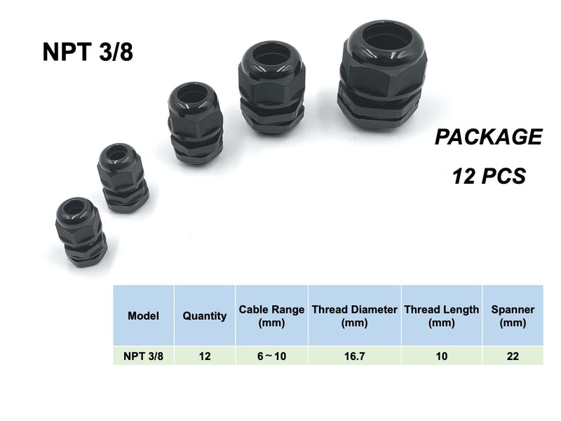  [AUSTRALIA] - TIHIL Waterproof Connector, Black, Nylon Cable Gland Kit, NPT, 5 Sizes 3/8, 1/2, 3/4, 1, 1-1/4 inch (NPT3/8) NPT3/8