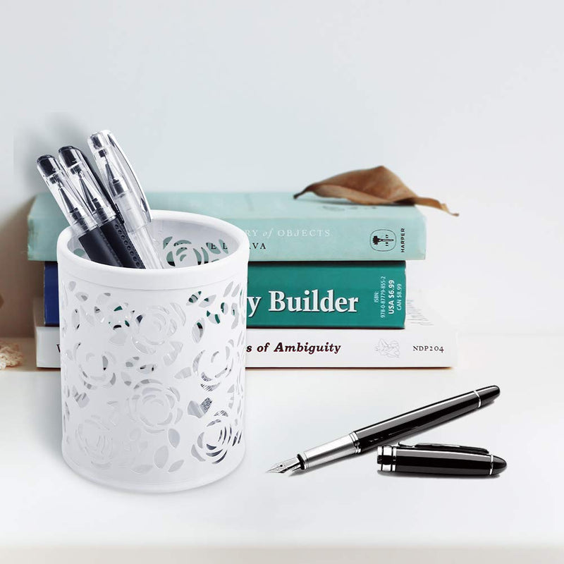 Ciaoed Metal Pencil Pot Holder, Rose Flower Pattern Make Up Brush Cup，Pen Cylinder Container for Desk, White - LeoForward Australia