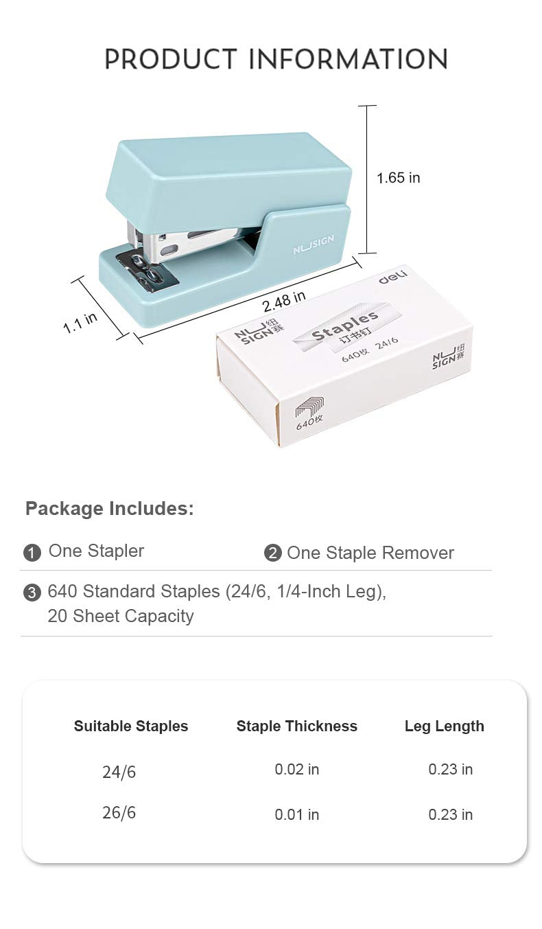  [AUSTRALIA] - NUSIGN Mini Stapler, 20 Sheet Capacity, Office Desktop Stapler Blue, Includes 640 Standard Staples and A Staple Remover 20 Sheets