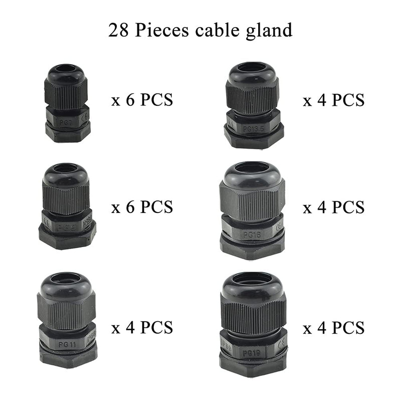  [AUSTRALIA] - Hahiyo PG7 PG9 PG11 PG13.5 PG16 PG19 Nylon Cord Grip Cable Glands with Gasket Nut Securely Seal Threads Quick Install Wire Joint Connectors Black 28 PCS for Water Tight Electrical Circuits Boxes 6 Mixed-28 PCS
