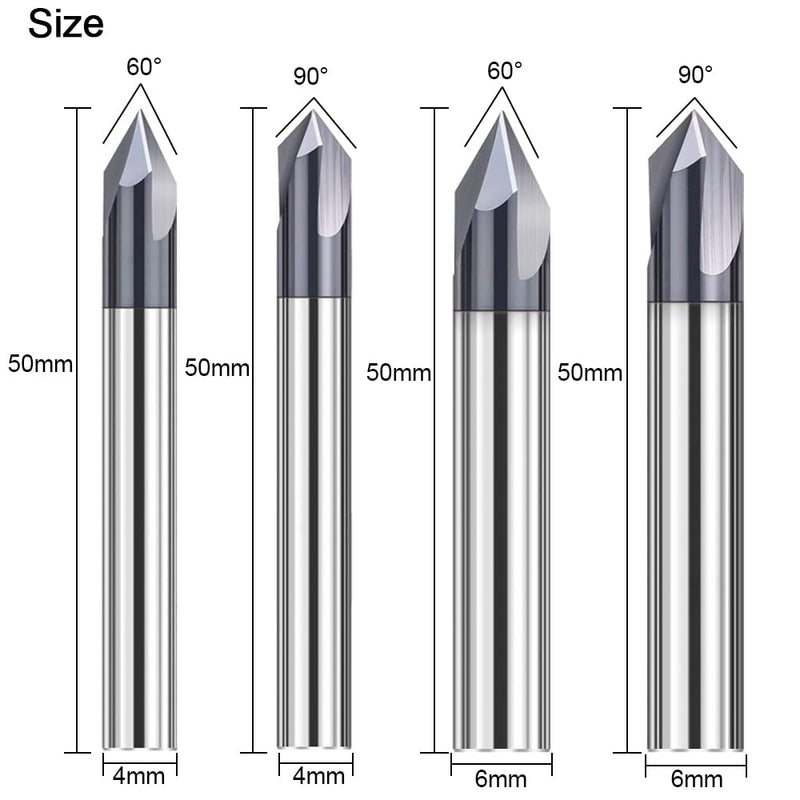  [AUSTRALIA] - ASNOMY 4 pieces solid carbide chamfer cutter 3 flutes V groove cutter 60 degree and 90 degree CNC milling cutter end mill with TiAlN coating for machine tools and chamfering 4 pieces 4mm & 6mm, 60° & 90° angle