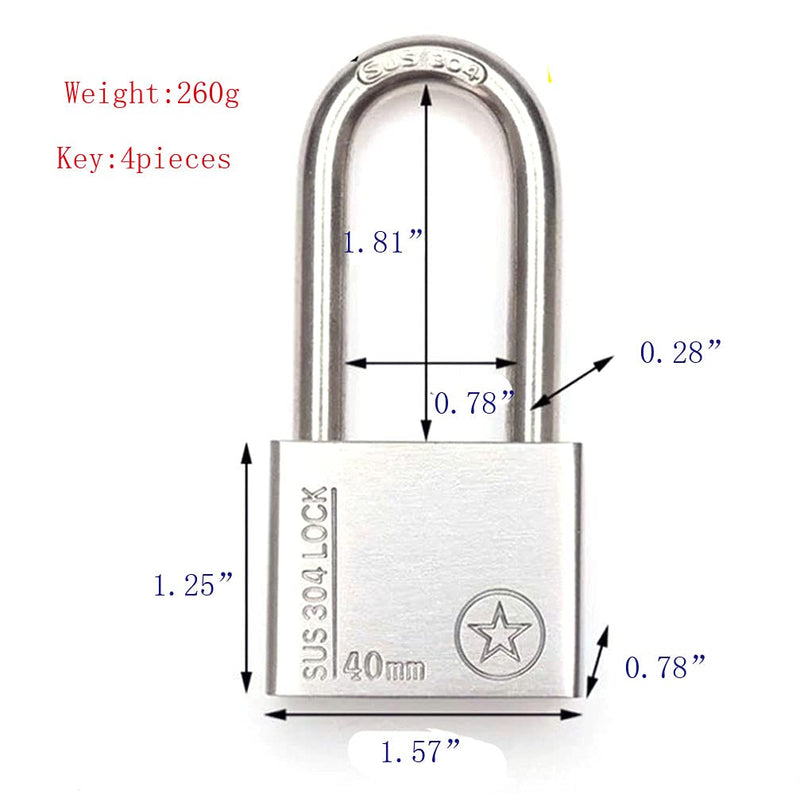  [AUSTRALIA] - 40mm Long Beam Stainless Steel Safety Padlock, Lock, Padlock with Key, Padlock, Multi Key Lock, Long Beam Lock with Key, Lock with 4 Keys for Gym Locker Lock, Door, Fence