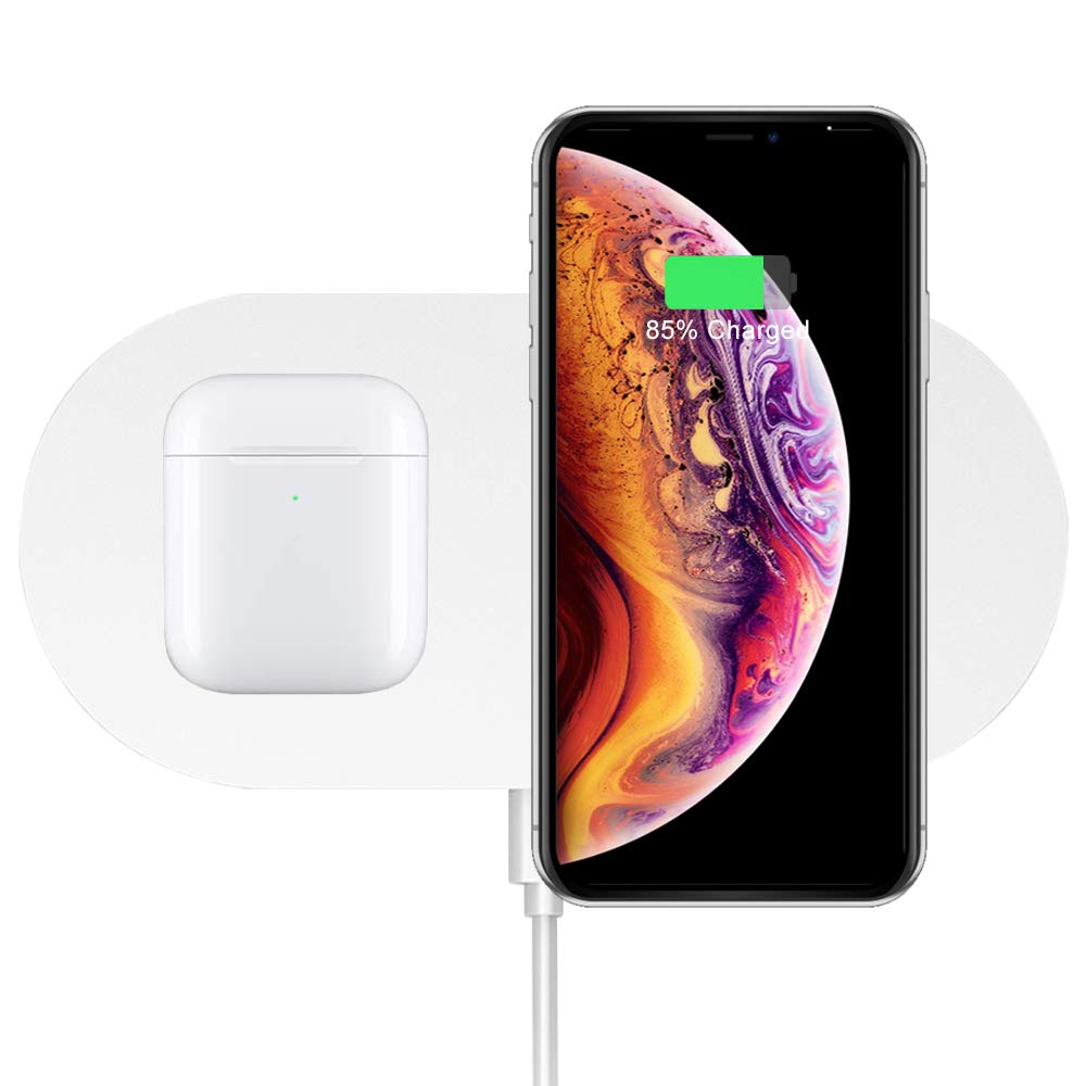  [AUSTRALIA] - Dual Wireless Charger, COSOOS Double Fast Charging Pad 15W Max Compatible with iPhone 13/13 Pro/13 Pro Max/13 Mini/12/11/XS, Galaxy S21/Note 10, AirPods Pro, Galaxy Buds+(No AC Adapter) White