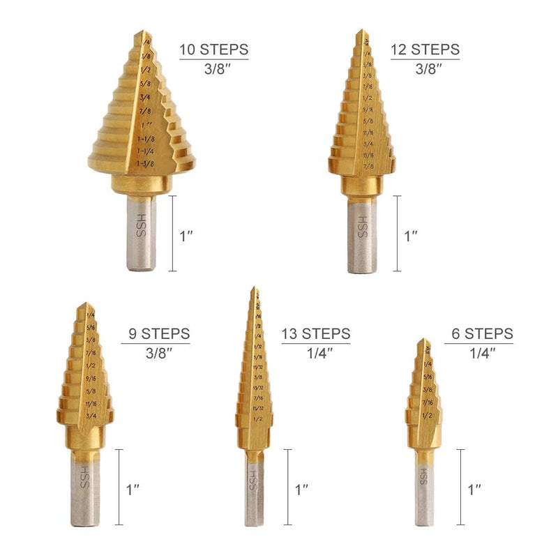  [AUSTRALIA] - COMOWARE Step Drill Bit Set & Automatic Center Punch- Unibit, Titanium Coated, Double Cutting Blades, High Speed Steel, Short Length Drill Bits Set of 5 pcs, Total 50 Sizes with Aluminum Case 6 Pcs Titanium