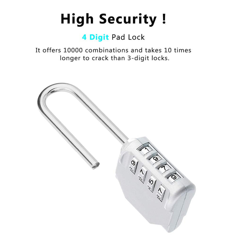  [AUSTRALIA] - ZHEGE Long Shackle Padlock 2 Pack, 4 Digit Combination Lock, Resettable Weatherproof Combo Lock for School, Gym, Employee Locker, Outdoor, Fence SliverL2