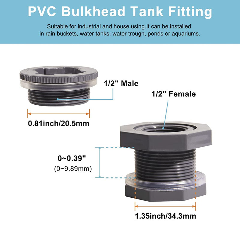  [AUSTRALIA] - QuQuyi 1/2 Inch PVC Bulkhead Water Tank Connector Adapter Fitting with Plugs Thru-Bulk Pipe Fitting for Rain Barrels, Aquariums, Ponds(Set of 3) 1/2"-3pcs