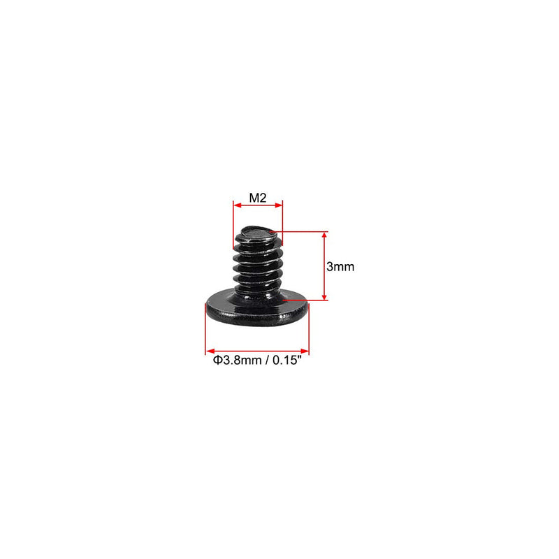  [AUSTRALIA] - uxcell M2x3mm Phillips Screw Fastener Black 3.8mm Dia Screw Head for Laptop PC TV Fan Switch 100pcs