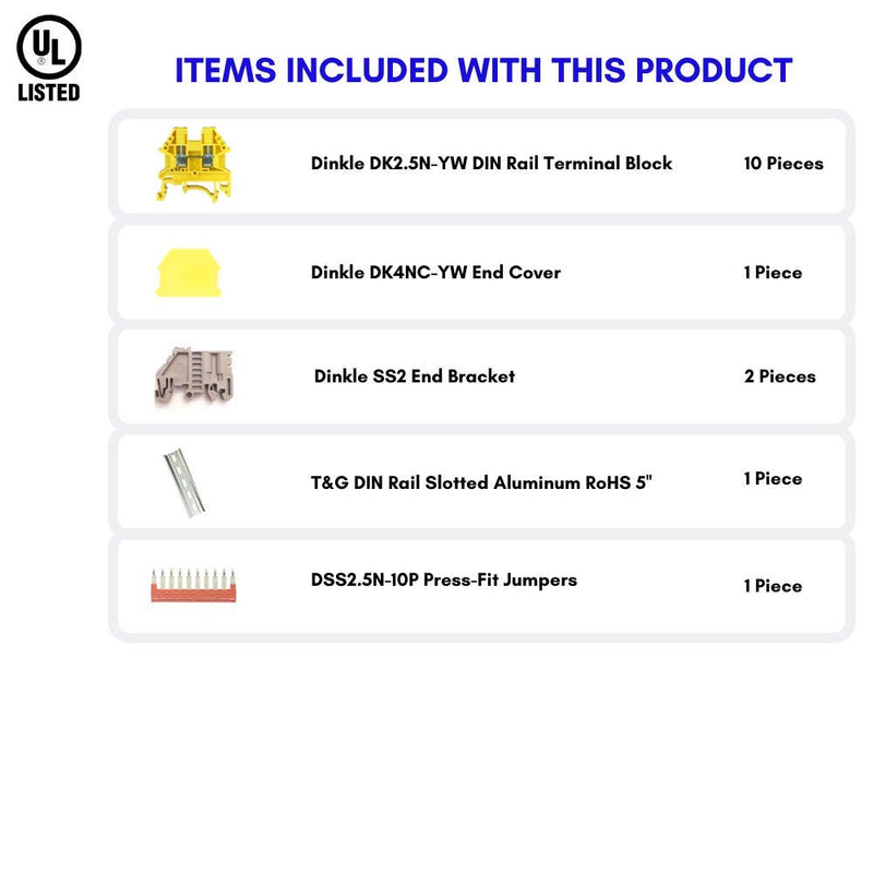 ICI Dinkle Power Distribution DK2.5N-YW 10 Gang Box Connector DIN Rail Terminal Blocks, 12-22 AWG, 20 Amp, 600 Volt Solar Combiner Yellow - LeoForward Australia