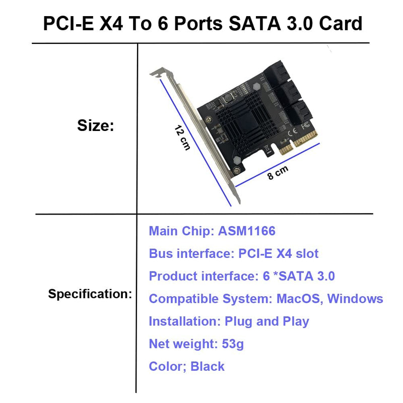  [AUSTRALIA] - PCI-E SATA Expansion Card 6 Ports PCIe x4 to SATA 3.0 6Gbps Expansion Controller Adapter Card with 6 SATA Cables and Low Profile Bracket, Non-Raid( ASM1166 ) (PCIE X4 SATA 6 Ports) PCIE X4 SATA 6 Ports