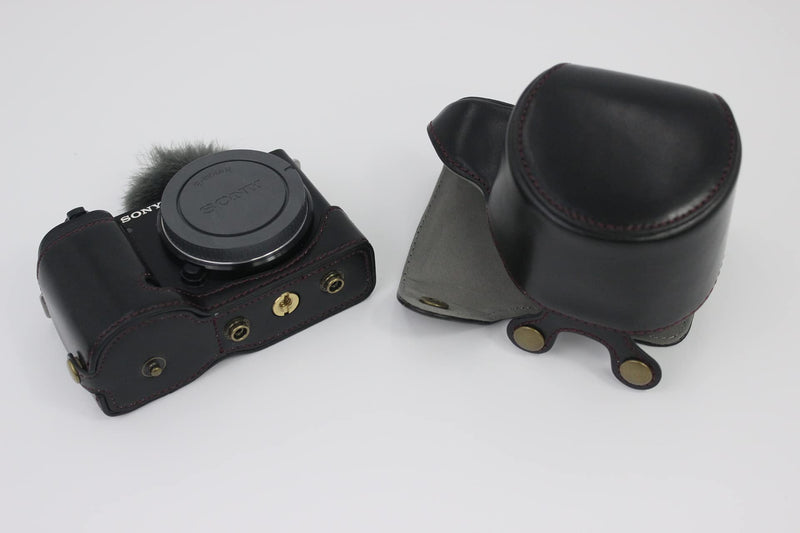  [AUSTRALIA] - ZV-E10 Case, BolinUS Handmade PU Leather Fullbody Camera Case Bag Cover for Sony ZV-E10 ZVE10 with 16-50mm Lens Bottom Opening Version + Neck Strap + Mini Storage Bag (Black) Black