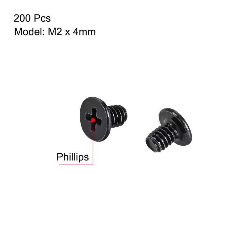  [AUSTRALIA] - uxcell M2x4mm Phillips Screw Fastener Black 3.8mm Dia Screw Head for Laptop PC TV Fan Switch 200pcs