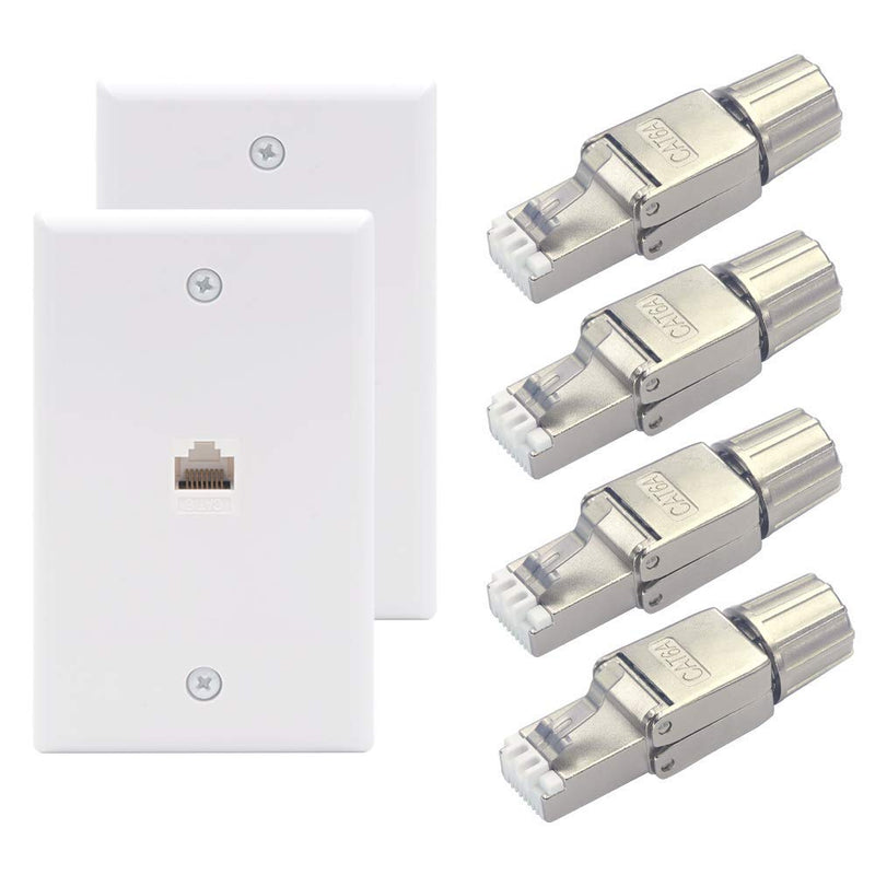  [AUSTRALIA] - VCE 2-Pack 1 Port Ethernet Wall Plate Bundle with RJ45 Cat6A Connectors 4-Pack, Tool-Free Reusable Shielded Ethernet Termination Plugs for 23AWG SFTP UTP Cable, 10G Easy Internet Plug