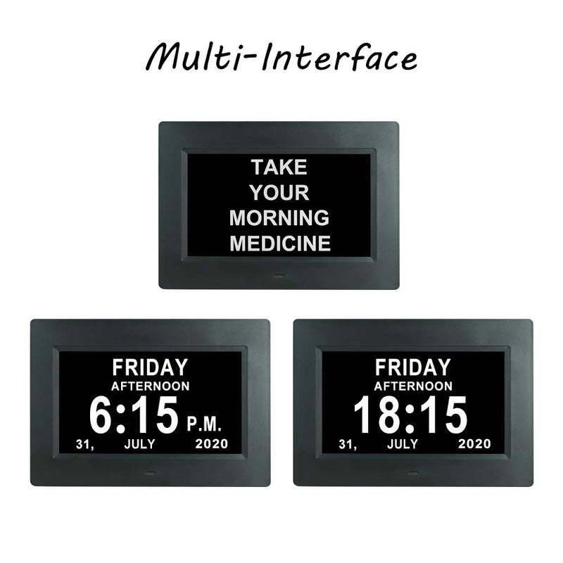  [AUSTRALIA] - 7 INCH Day Date Dementia Clock Auto-Dimming 12 Alarm Reminders Extra Large Non-Abbreviated Day & Month 12/24 Hours Display Digital Calendar Clocks for Seniors Elderly Vision Impaired Memory Loss 7 Inch Black