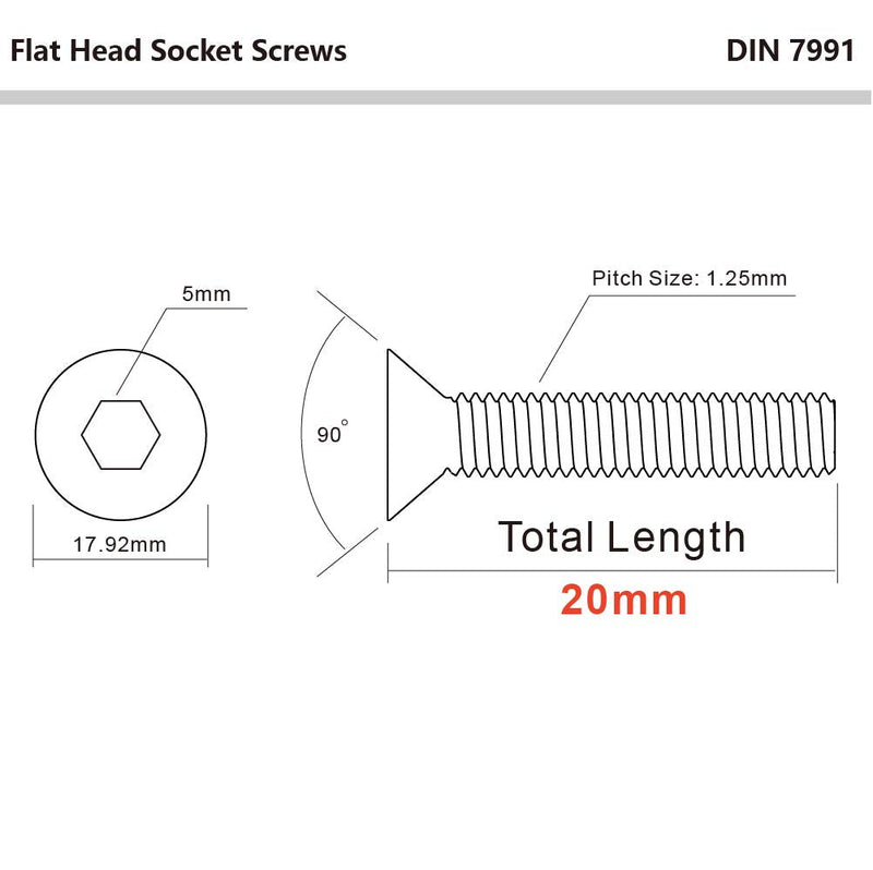  [AUSTRALIA] - M8-1.25 x 20mm Flat Head Socket Cap Screws Countersunk Bolts, Alloy Steel Grade 10.9, Fully Threaded, Allen Socket Drive, 25 PCS M8 x 20mm (25 PCS)